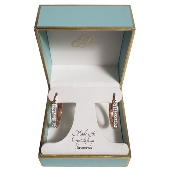 Jenni Park Swarovski Rose Gold Tone Finish 2 Row Crystal Hoop Earrings New Boxed - Picture 2 of 5